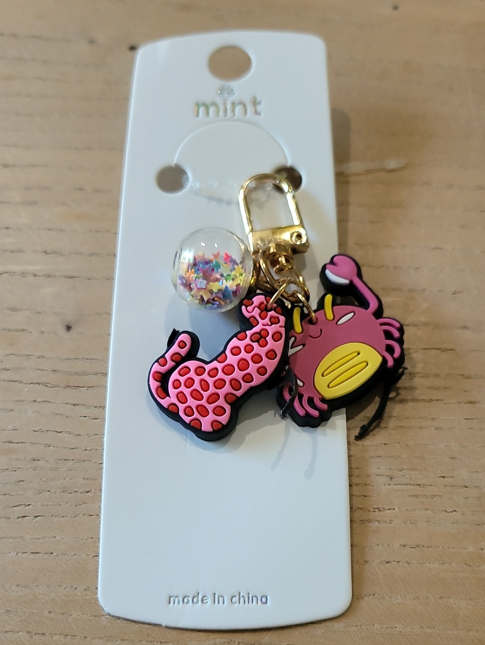 Mint Pink Crab & Coral Sea Creature Keychain/Bag Charm with Star Confetti Globe